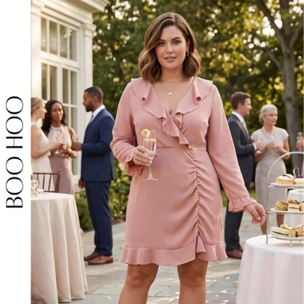 Boohoo Dusty Rose Faux Wrap Ruffle Hem Dress 18 NWT